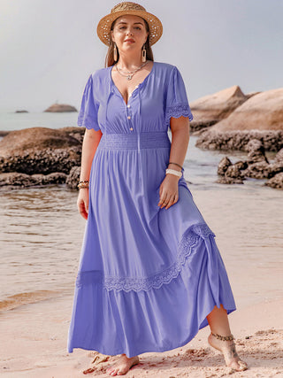 Shop Plus Size Lace Detail Tie Neck Short Sleeve Maxi Dress - High-Quality U.S. Made Women’s Fashion with Free Fast Shipping