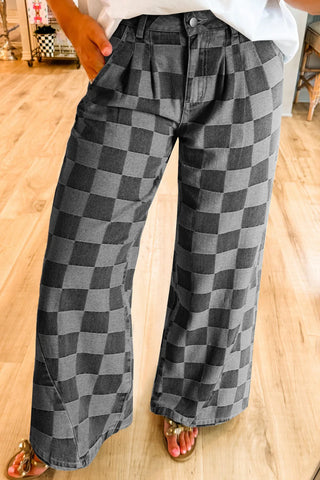 Shop Dark Gray Checkered Wide Leg Jeans with Pockets - High-Quality U.S. Made Women’s Fashion with Free & Fast Shipping