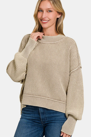 Shop Lt Mocha Zenana Exposed Seam Round Neck Dropped Shoulder Sweater - High-Quality U.S. Made Women’s Fashion with Free & Fast Shipping