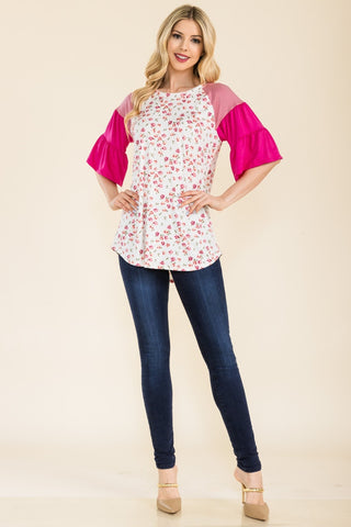 Shop Celeste Full Size Floral Contrast Bell Sleeve Top - High-Quality U.S. Made Women’s Fashion with Free & Fast Shipping