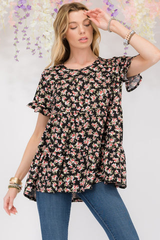 Shop Celeste Full Size Floral Ruffled Short Sleeve Blouse - High-Quality U.S. Made Women’s Fashion with Free & Fast Shipping