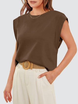 Shop Brown Round Neck Cap Sleeve Tank - High-Quality U.S. Made Women’s Fashion with Free & Fast Shipping