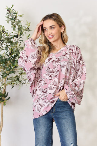 Shop Heimish Full Size Floral V-Neck Balloon Sleeve Blouse - High-Quality U.S. Made Women’s Fashion with Free & Fast Shipping