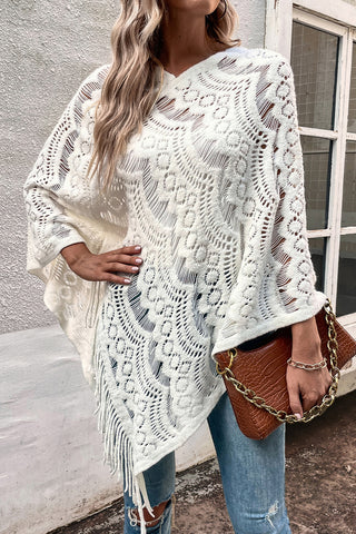 Shop Openwork Fringe Detail Poncho - High-Quality U.S. Made Women’s Fashion with Free Fast Shipping