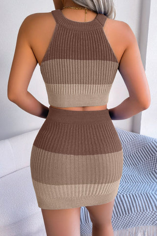 Shop Color Block Sleeveless Crop Knit Top and Skirt Set - High-Quality U.S. Made Women’s Fashion with Free & Fast Shipping