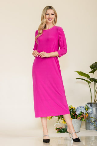 Shop FUCHSIA Celeste Full Size Round Neck Midi Dress - High-Quality U.S. Made Women’s Fashion with Free & Fast Shipping