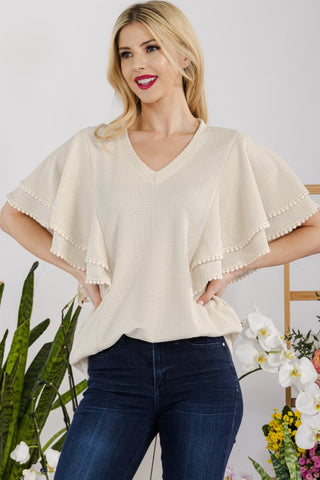 Shop Celeste Full Size V-Neck Lace Trim Flutter Sleeve Top - High-Quality U.S. Made Women’s Fashion with Free & Fast Shipping