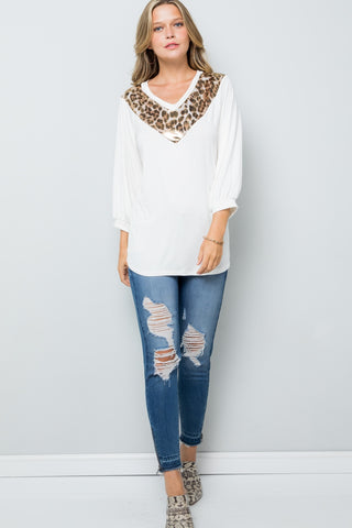 Shop Celeste Full Size Leopard Contrast Balloon Sleeve Top - High-Quality U.S. Made Women’s Fashion with Free & Fast Shipping