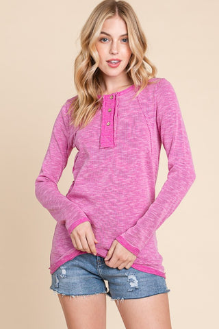 Shop MAGENTA Reborn J Contrast Trim Half Button Long Sleeve T-Shirt - High-Quality U.S. Made Women’s Fashion with Free & Fast Shipping