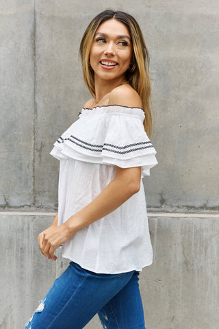 Shop ODDI Full Size Off The Shoulder Ruffle Blouse - High-Quality U.S. Made Women’s Fashion with Free & Fast Shipping