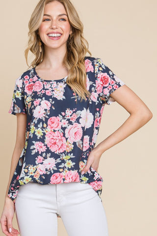 Shop BOMBOM Floral Round Neck Short Sleeve T-Shirt - High-Quality U.S. Made Women’s Fashion with Free & Fast Shipping