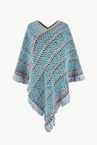 Shop Light Blue One Size V-Neck Fringe Hem Poncho - High-Quality U.S. Made Women’s Fashion with Free & Fast Shipping