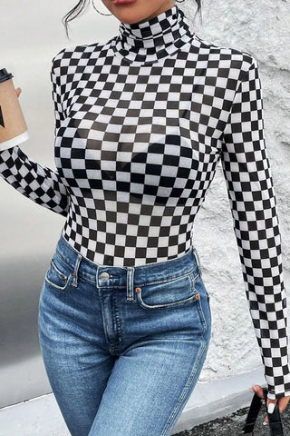 Shop Checkered Turtleneck Long Sleeve Bodysuit - High-Quality U.S. Made Women’s Fashion with Free & Fast Shipping