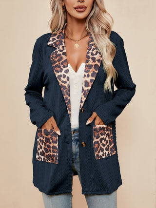 Shop Leopard Buttoned Lapel Collar Blazer with Pockets - High-Quality U.S. Made Women’s Fashion with Free & Fast Shipping