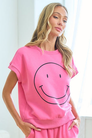 Shop First Love Smile Face Drop Shoulder Brushed Inside T-Shirt - High-Quality U.S. Made Women’s Fashion with Free & Fast Shipping