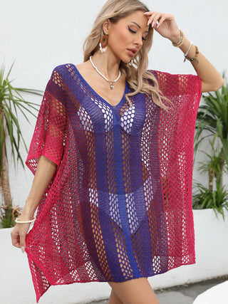 Shop Openwork Contrast V-Neck Cover-Up - High-Quality U.S. Made Women’s Fashion with Free Fast Shipping