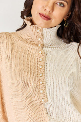 Shop POL Pearl Detail Contrast Turtleneck Sweater - High-Quality U.S. Made Women’s Fashion with Free Fast Shipping