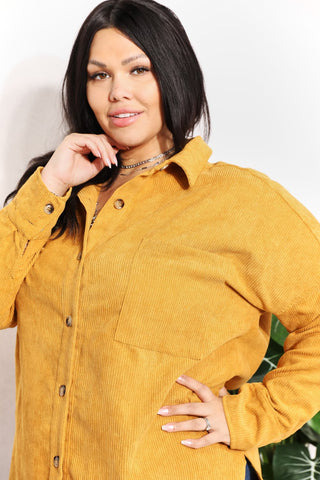 Shop HEYSON Full Size Oversized Corduroy Button-Down Tunic Shirt with Bust Pocket - High-Quality U.S. Made Women’s Fashion with Free & Fast Shipping