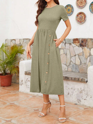 Shop Round Neck Short Sleeve Midi Dress - High-Quality U.S. Made Women’s Fashion with Free Fast Shipping