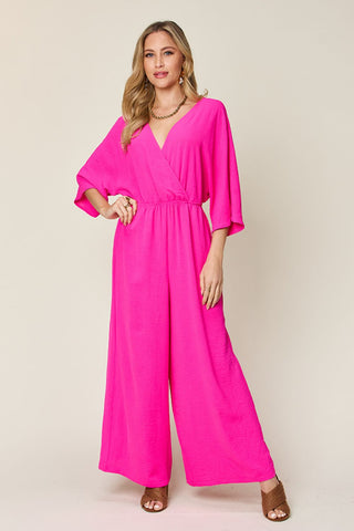 Shop Hot Pink Double Take Full Size Surplice Wide Leg Jumpsuit with Pockets - High-Quality U.S. Made Women’s Fashion with Free & Fast Shipping