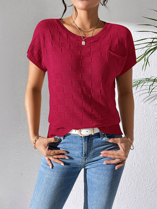 Shop Burgundy Round Neck Short Sleeve Knit Top - High-Quality U.S. Made Women’s Fashion with Free & Fast Shipping