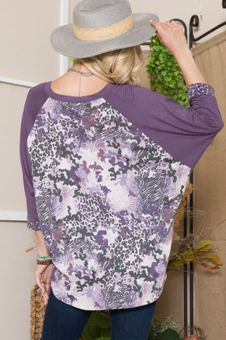 Shop Celeste Full Size Floral Contrast Raglan Sleeve Top - High-Quality U.S. Made Women’s Fashion with Free & Fast Shipping