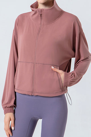 Shop Drawstring Zip Up Dropped Shoulder Active Outerwear - High-Quality U.S. Made Women’s Fashion with Free Fast Shipping