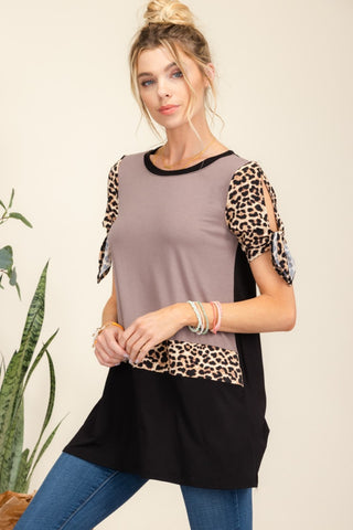 Shop Mocha Celeste Full Size Open Tie Sleeve Leopard Color Blocked Top - High-Quality U.S. Made Women’s Fashion with Free & Fast Shipping