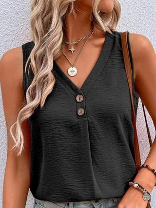 Shop Full Size Decorative Button V-Neck Tank - High-Quality U.S. Made Women’s Fashion with Free Fast Shipping