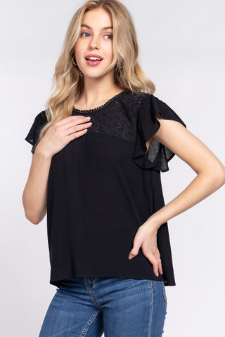 Shop ACTIVE BASIC Ruffle Short Sleeve Crochet Blouse - High-Quality U.S. Made Women’s Fashion with Free & Fast Shipping