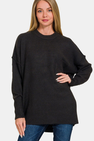 Shop Zenana High-Low Hem Drop Shoulder Sweater - High-Quality U.S. Made Women’s Fashion with Free & Fast Shipping