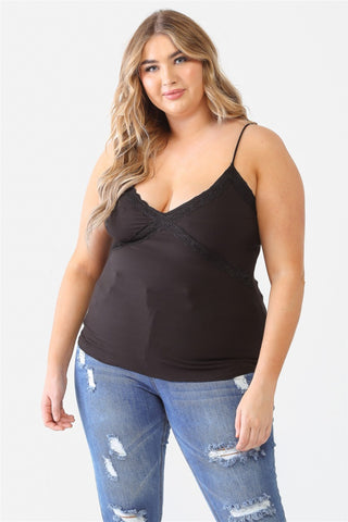 Shop Black Zenobia Plus Size Lace Detail V-Neck Cami - High-Quality U.S. Made Women’s Fashion with Free & Fast Shipping