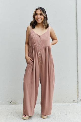 Shop HEYSON All Day Full Size Wide Leg Button Down Jumpsuit in Mocha - High-Quality U.S. Made Women’s Fashion with Free & Fast Shipping