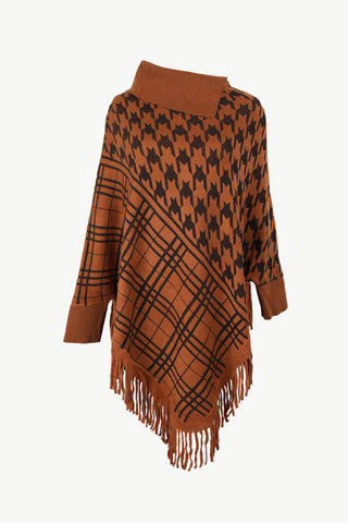 Shop Houndstooth Turtleneck Fringe Hem Poncho - High-Quality U.S. Made Women’s Fashion with Free Fast Shipping