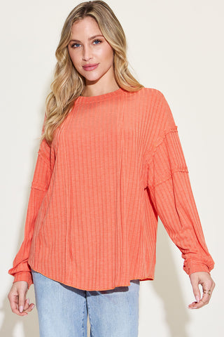 Shop Basic Bae Full Size Ribbed Round Neck Long Sleeve T-Shirt - High-Quality U.S. Made Women’s Fashion with Free & Fast Shipping