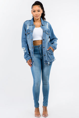 Shop American Bazi Full Size Button Up Distressed Denim Jacket - High-Quality U.S. Made Women’s Fashion with Free & Fast Shipping