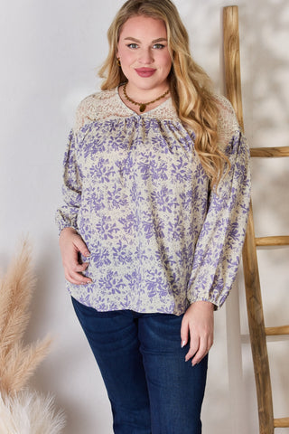 Shop Hailey & Co Full Size Lace Detail Printed Blouse - High-Quality U.S. Made Women’s Fashion with Free & Fast Shipping