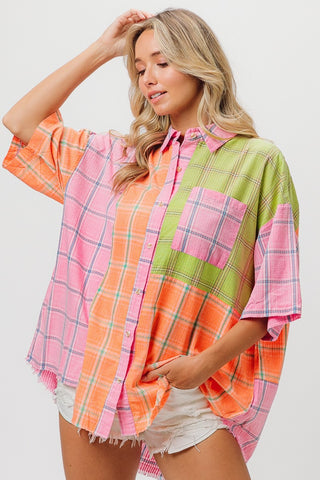 Shop BiBi Plaid Collared Neck Half Sleeve Shirt - High-Quality U.S. Made Women’s Fashion with Free & Fast Shipping