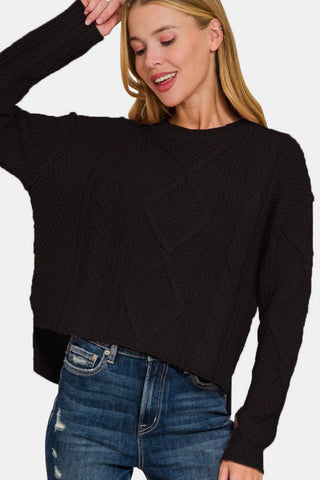 Shop Zenana Cropped High Low Cable Sweater with Side Slits - High-Quality U.S. Made Women’s Fashion with Free & Fast Shipping