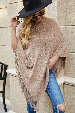 Shop Pearl Trim Fringe Hem Poncho - High-Quality U.S. Made Women’s Fashion with Free Fast Shipping