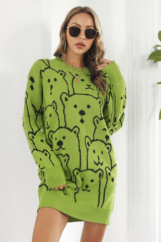 Shop Bear Pattern Round Neck Sweater Dress - High-Quality U.S. Made Women’s Fashion with Free Fast Shipping