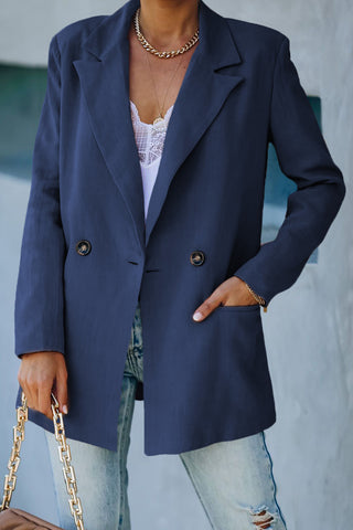 Shop Blue Double Take Double-Breasted Padded Shoulder Blazer with Pockets - High-Quality U.S. Made Women’s Fashion with Free & Fast Shipping