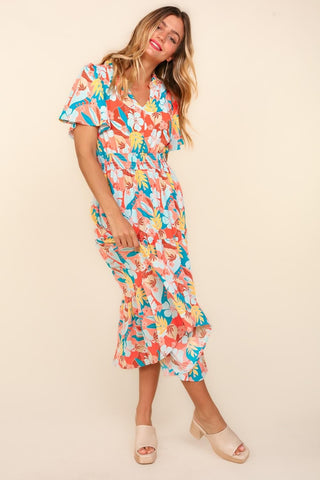 Shop Haptics Full Size Tropical Floral Tiered Dress with Side Pockets - High-Quality U.S. Made Women’s Fashion with Free & Fast Shipping