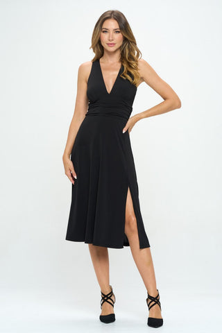 Shop Black RENEE C Ruched Waist Sleeveless Slit Dress - High-Quality U.S. Made Women’s Fashion with Free & Fast Shipping