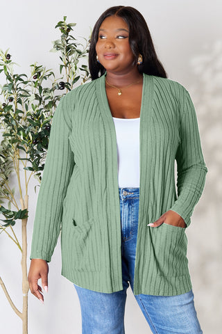 Shop Light Green Basic Bae Full Size Ribbed Open Front Cardigan with Pockets - High-Quality U.S. Made Women’s Fashion with Free & Fast Shipping