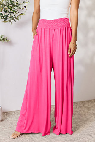 Shop Hot Pink Double Take Full Size Smocked Wide Waistband Wide Leg Pants - High-Quality U.S. Made Women’s Fashion with Free & Fast Shipping