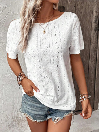 Shop Lace Detail Eyelet Short Sleeve Blouse - High-Quality U.S. Made Women’s Fashion with Free & Fast Shipping