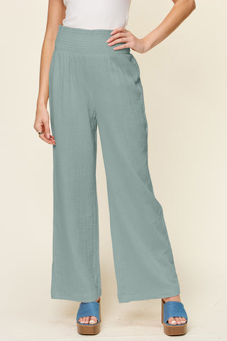 Shop Teal Double Take Full Size Texture Smocked Waist Wide Leg Pants - High-Quality U.S. Made Women’s Fashion with Free & Fast Shipping