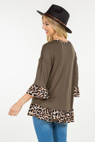 Shop Celeste Full Size Flounce Sleeve Leopard Trim Top - High-Quality U.S. Made Women’s Fashion with Free & Fast Shipping