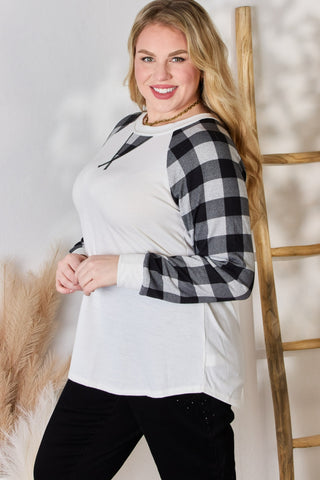 Shop Hailey & Co Full Size Plaid Raglan Sleeve Round Neck Blouse - High-Quality U.S. Made Women’s Fashion with Free & Fast Shipping